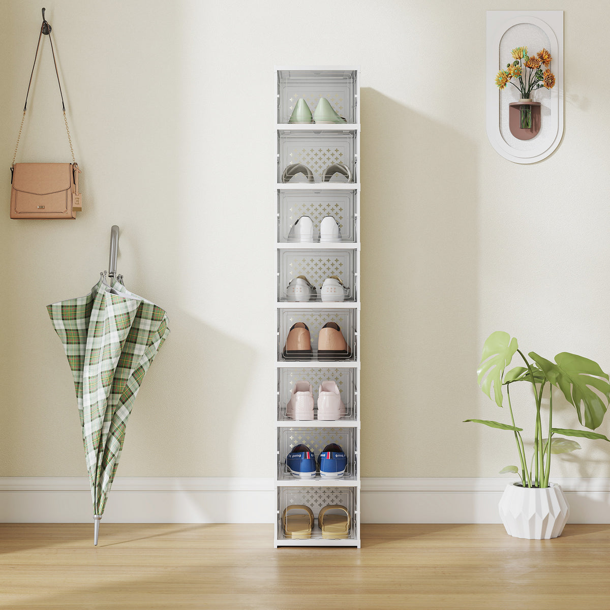 Lot de 8 boîtes à chaussures pliables en plastique empilables avec couvercles, pour pointure jusqu'à 43, blanc-8