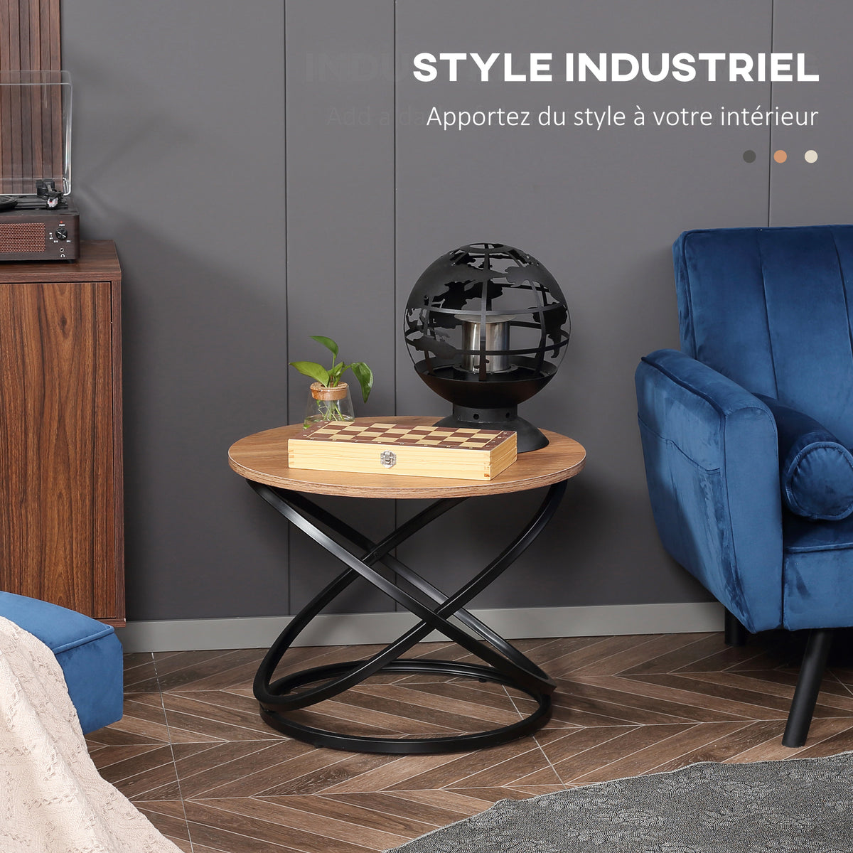 Table basse ronde style industriel en métal noir et plateau en bois - dim. Ø 60 x 46H cm-3