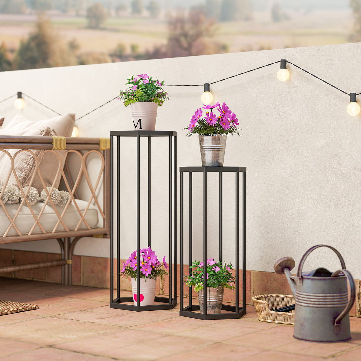 Lot de 2 supports pour plantes, tabouret à fleurs hexagonal en métal, intérieur et extérieur, noir-8
