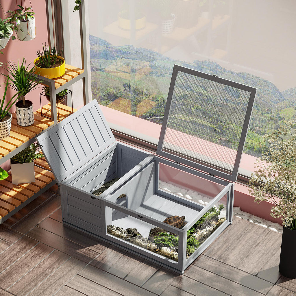 Maison enclos cage habitat pour petit animal tortues avec 2 espaces 91 x 60,5 x 32 cm bois massif gris-9