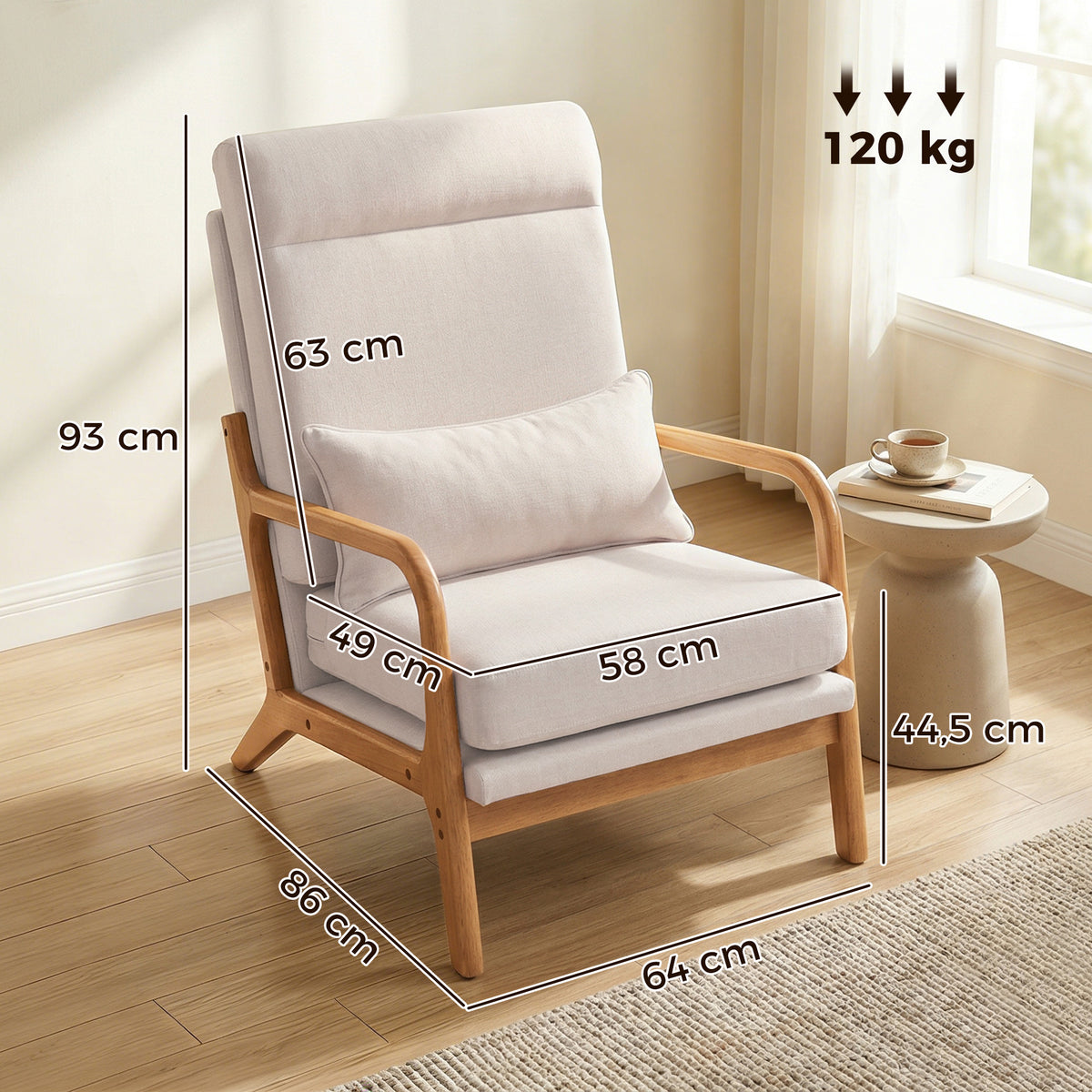 Fauteuil salon, fauteuil d'appoint rembourré en lin avec large assise, support lombaire, haut dossier, 64x86x93cm, crème-2