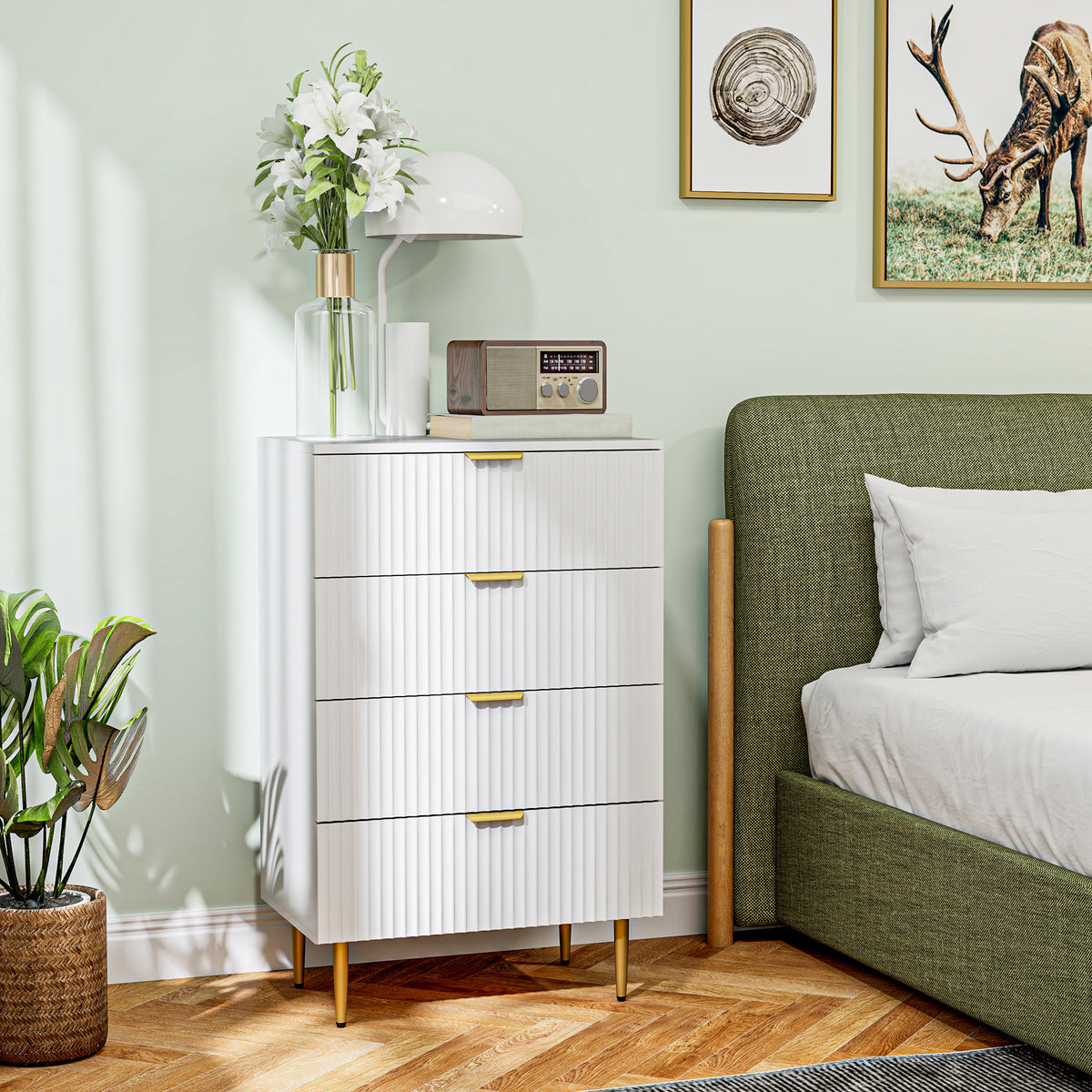 Commode 4 tiroirs commode chambre meuble de rangement moderne avec poignées et pieds dorés, dim. 60 x 40 x 96 cm, blanc-1