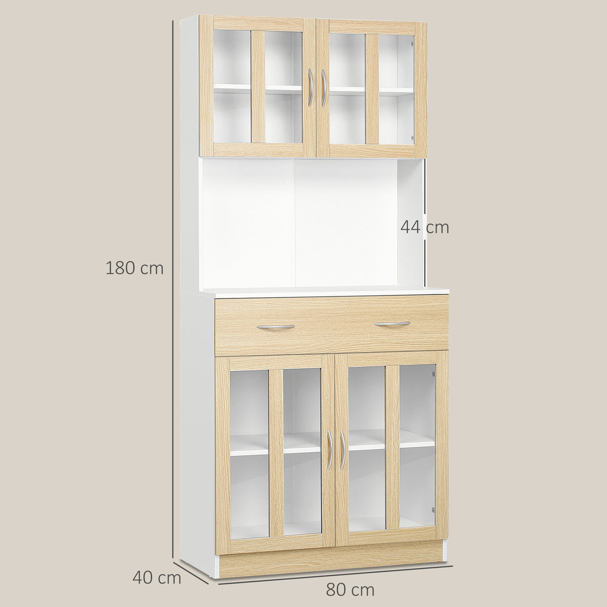 Buffet haut de Cuisine Armoire de Cuisine Multi-Rangement 4 Portes vitrine Verre avec étagère tiroir Coulissant Grand Plateau en Bois Blanc Aspect chêne Clair-2