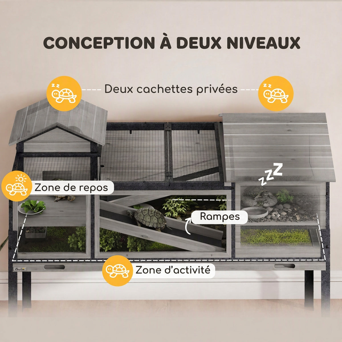 Maison pour tortues à 2 étages 2 chambres fenêtres rampes toit ouvrable et plateau 128 x 63 x 96 cm gris-3
