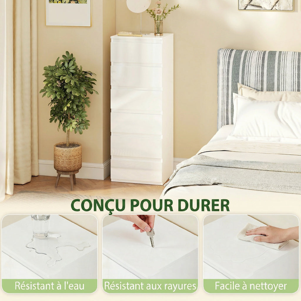 Commode 6 tiroirs à haute brillance, meuble de rangement étroit sans poignées, 40 x 35 x 109 cm, blanc-6