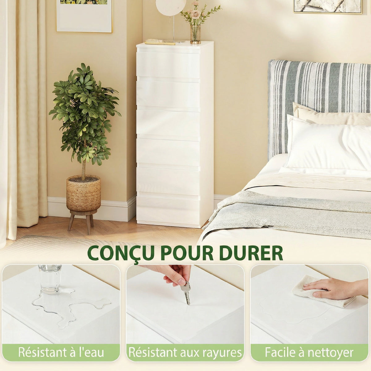 Commode 6 tiroirs à haute brillance, meuble de rangement étroit sans poignées, 40 x 35 x 109 cm, blanc-6
