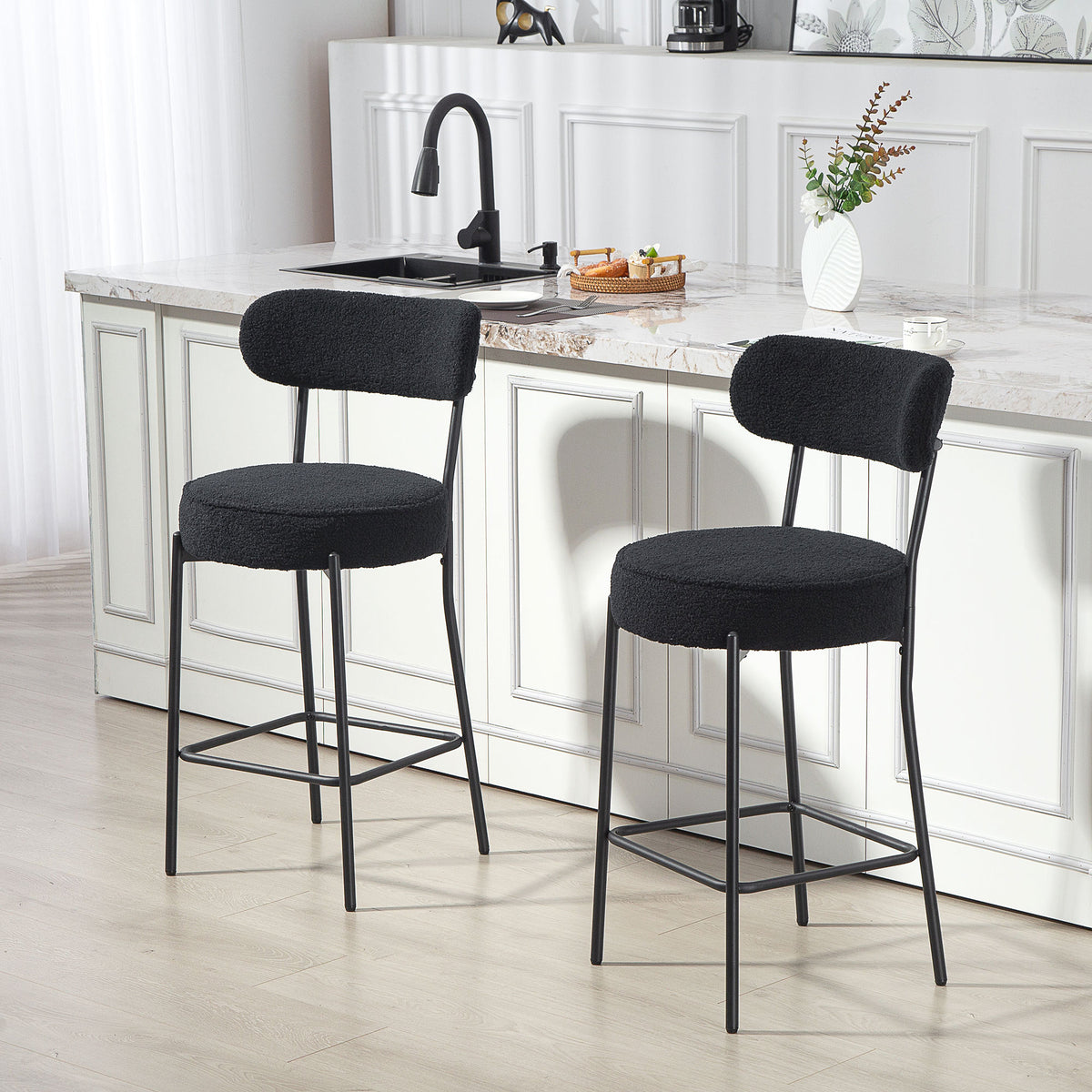 Lot de 2 tabourets de bar en tissu bouclette, chaises de bar avec dossier courbé, repose-pieds, 49x52x95cm, noir-1