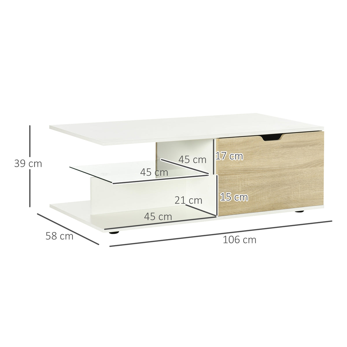 Table basse rectangulaire design contemporain 2 tiroirs 2 niches étagère verre trempé panneaux blanc aspect chêne clair-2