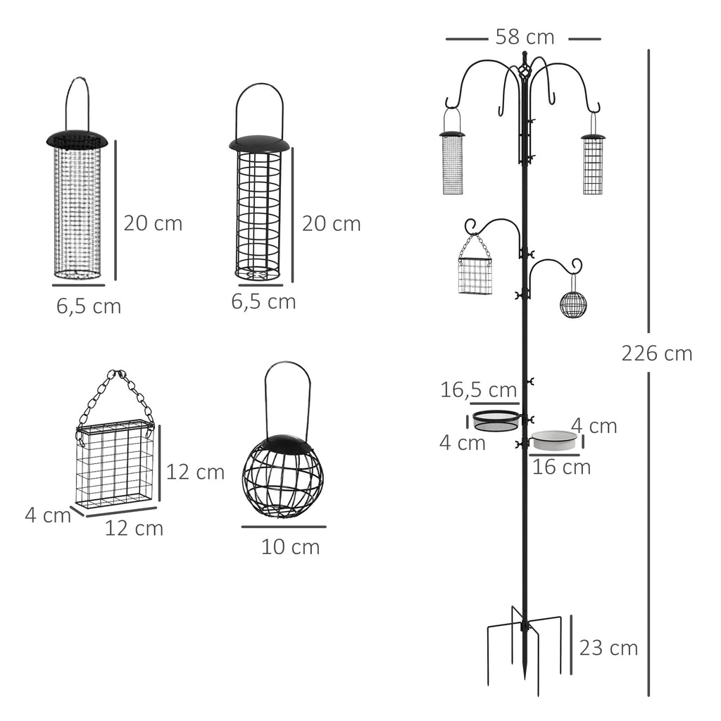 Station d'alimentation mangeoir à oiseaux sur pied 6 crochets 4 mangeoires suspendues pour cacahuètes graines boules de graisse noir-2