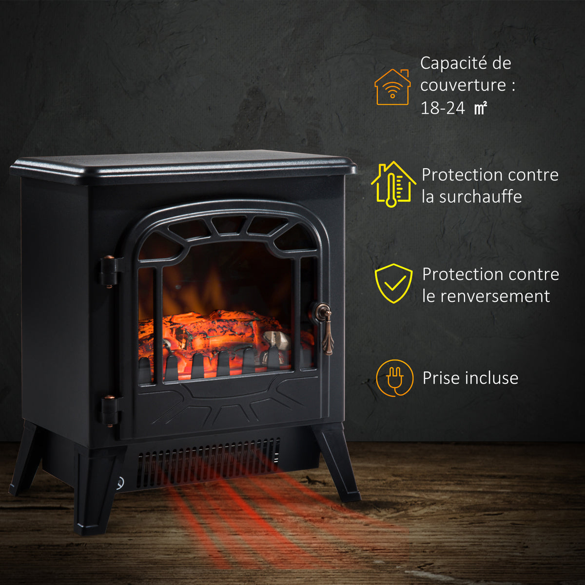 Cheminée électrique radiateur Imitation Flamme avec luminosité et réglable 925 W / 1850 W Porte métal Verre trempé Noir-3