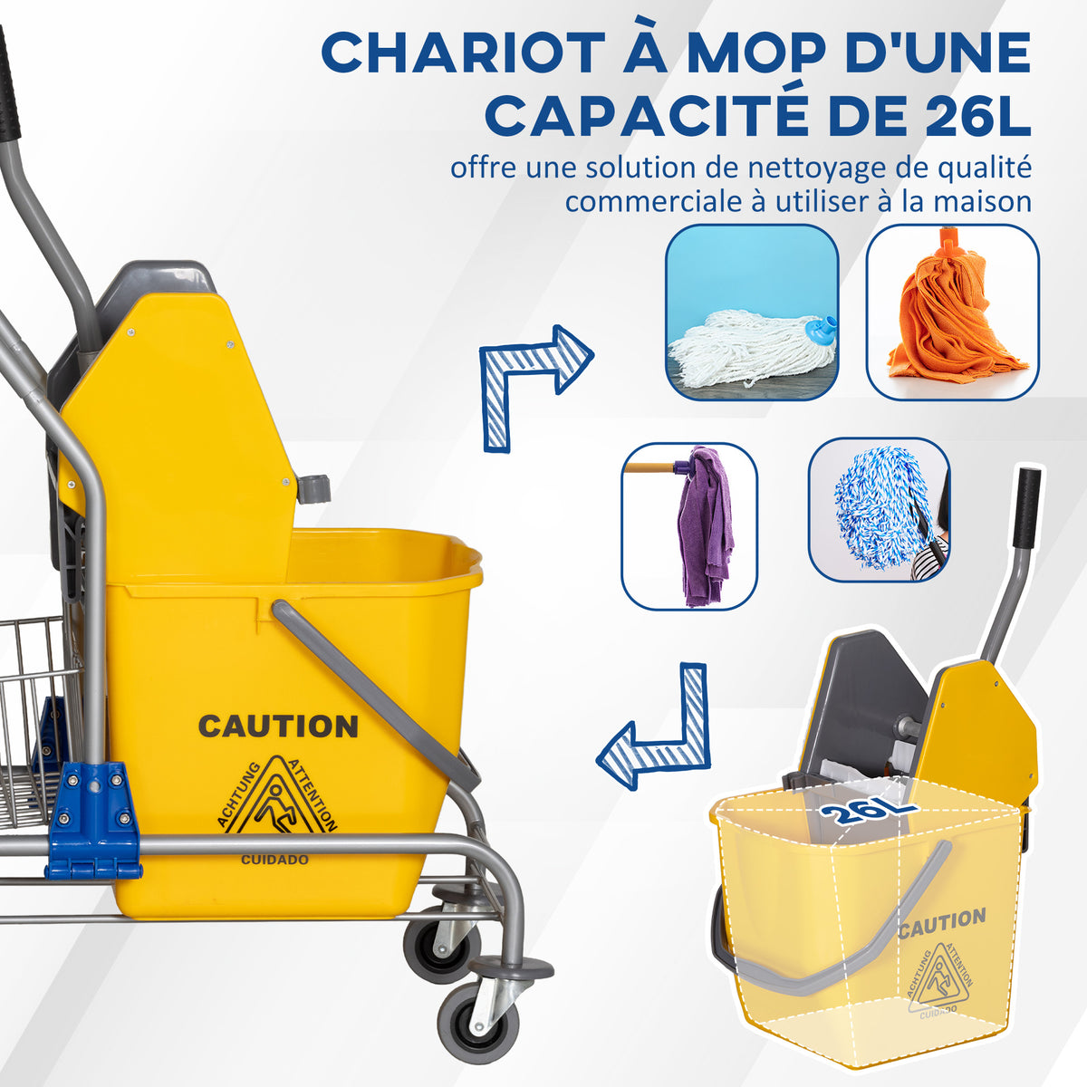 Chariot de lavage chariot de ménage professionnel presse à mâchoire seau 26 L + panier de rangements jaune-3