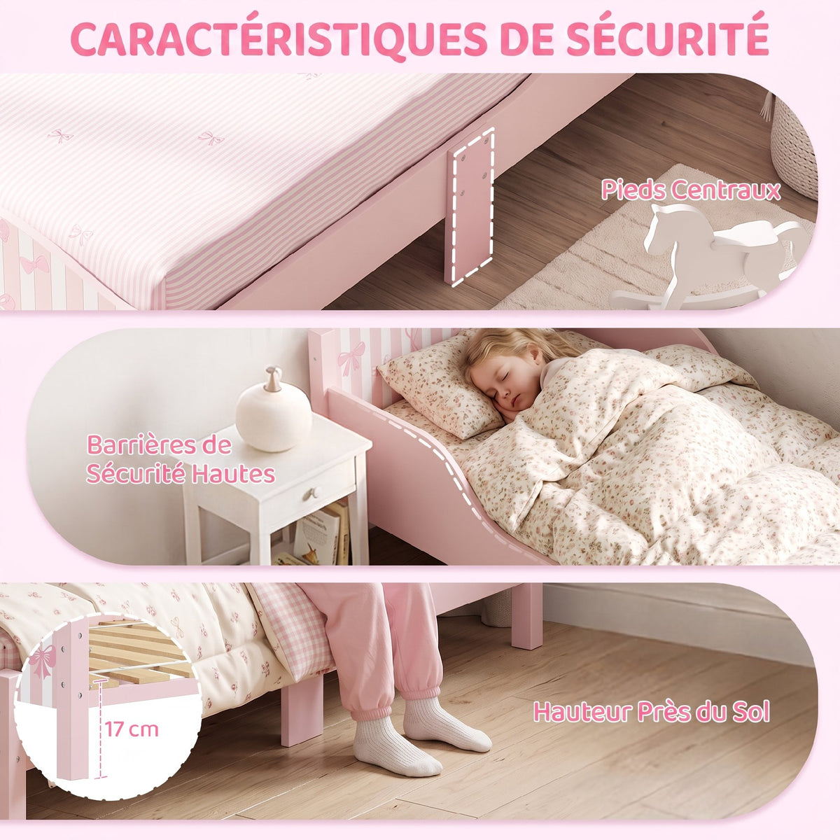 Lit Enfant 70 x 140 cm, Lit pour Enfant avec Barrière de Sécurité et Sommier à Lattes en Bois, Motif Nœud, Rose-4