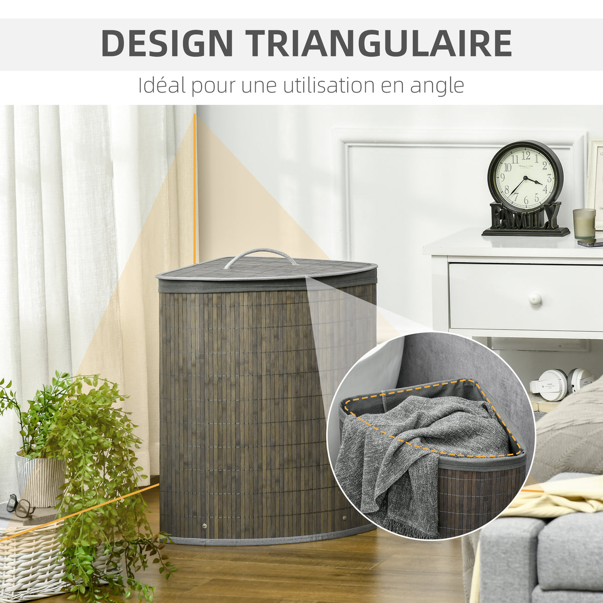 Panier à linge en bambou d'angle 55L avec couvercle et sac amovible 38 x 38 x 57 cm gris-6
