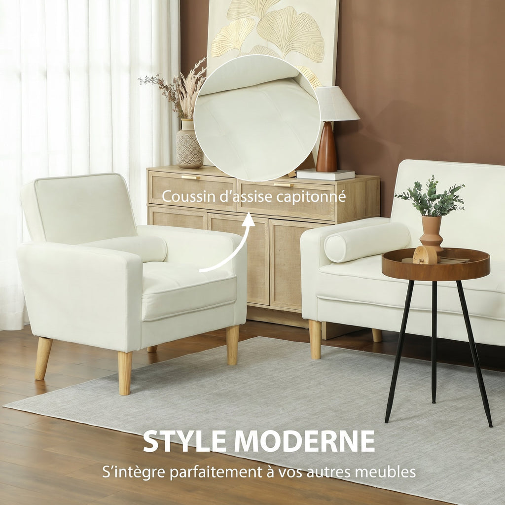 Fauteuil de salon en velours, canapé 1 place rembourré avec assise large, pour chambre, salon, petit espace, crème-5