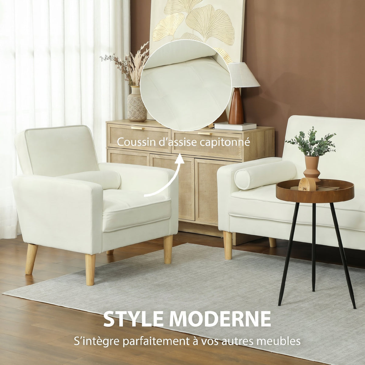Fauteuil de salon en velours, canapé 1 place rembourré avec assise large, pour chambre, salon, petit espace, crème-5