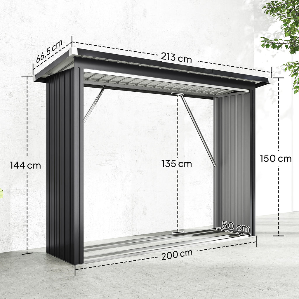 Abri-bûches couvert support pour bois de chauffage plancher surélevé toit incliné, acier galvanisé 213x66,5x150cm gris-2