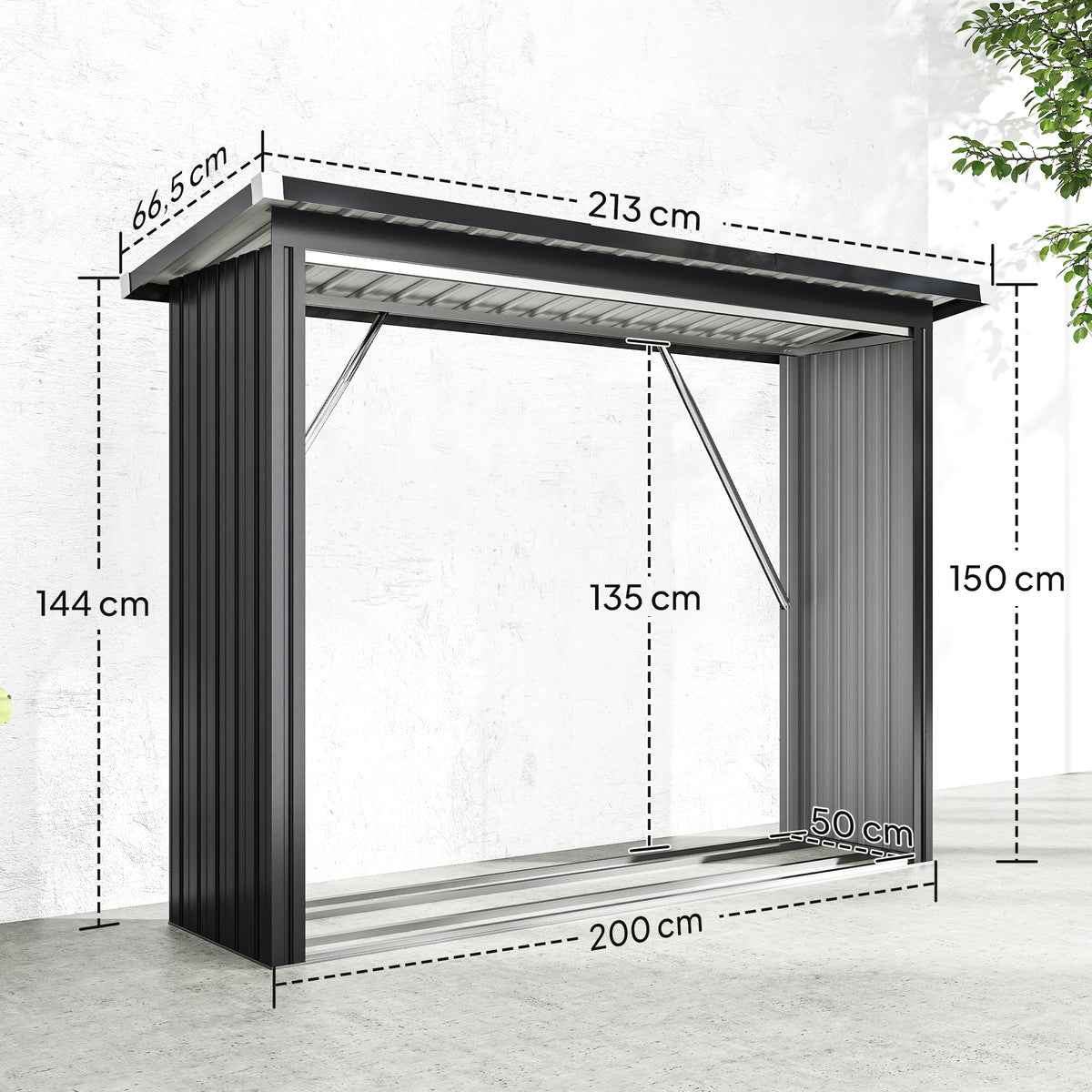 Abri-bûches couvert support pour bois de chauffage plancher surélevé toit incliné, acier galvanisé 213x66,5x150cm gris-2