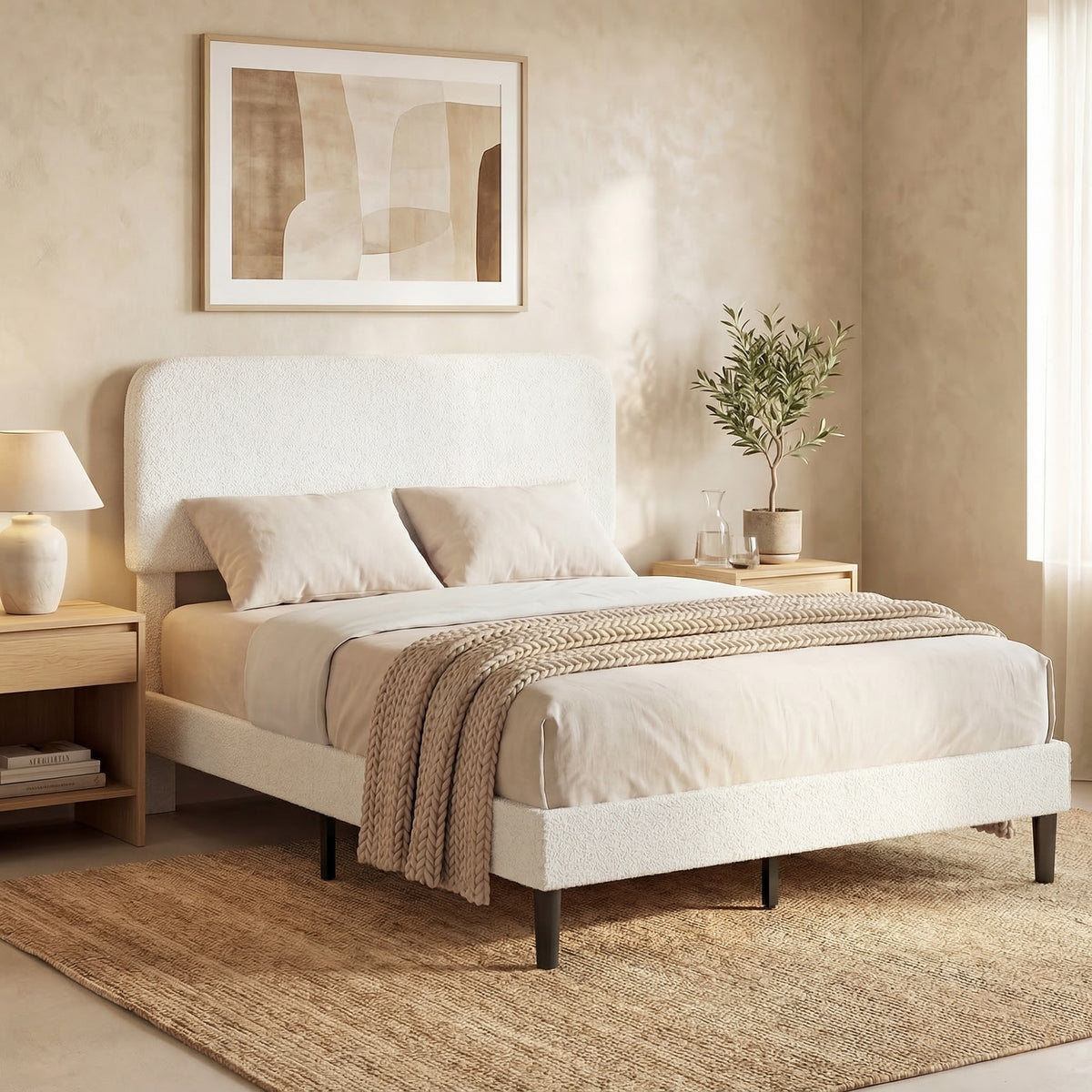 Cadre de Lit 140x190cm avec Sommier, Tête de Lit Réglable, Lit Double Rembourré en Velours Teddy, Lattes en Métal, Blanc-1