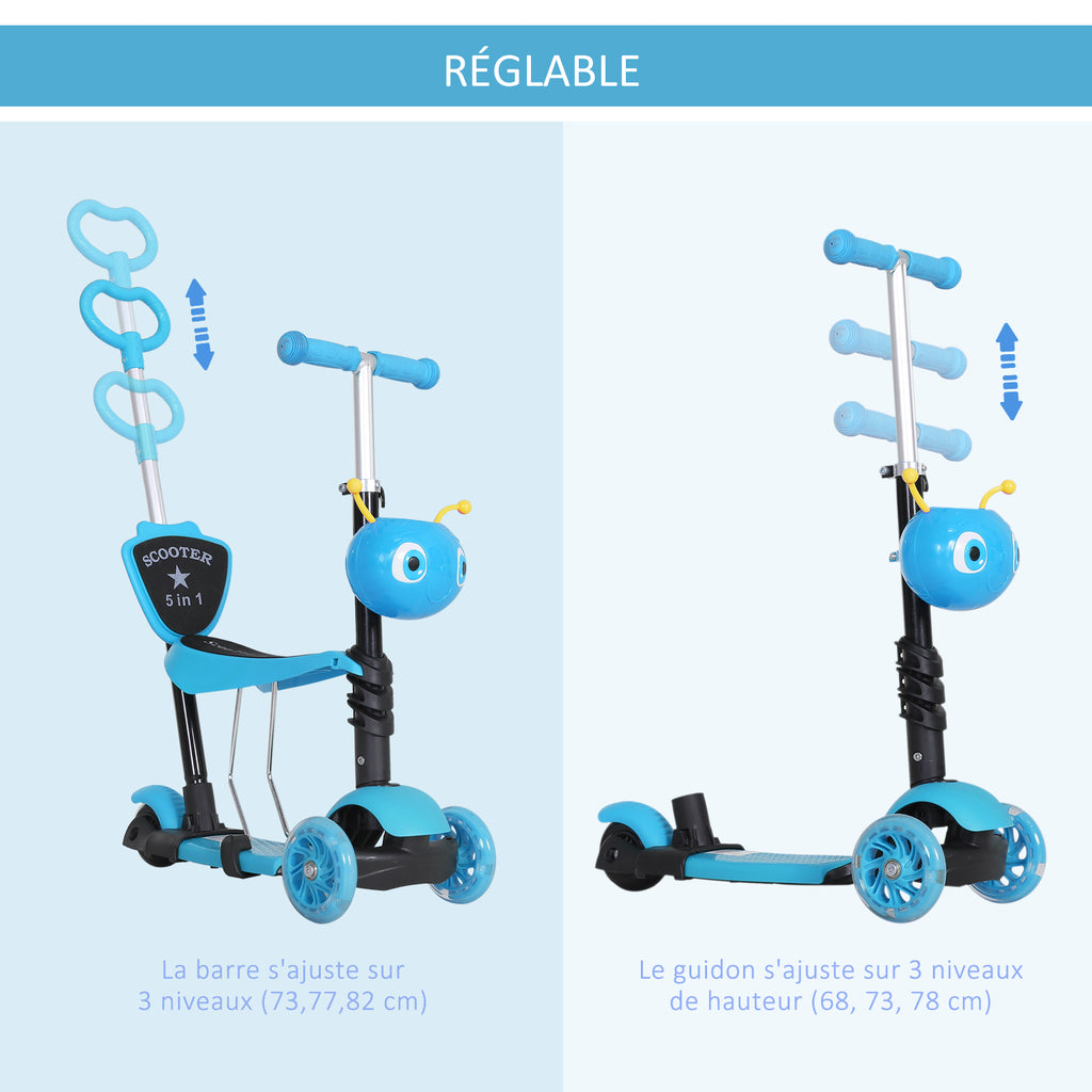 3 en 1 Trottinette pour Enfants Trottinette 3 Roues évolutive Hauteur Guidon réglable charge max. 50 Kg Canne télescopique Selle Dossier Amovible Bleu-5