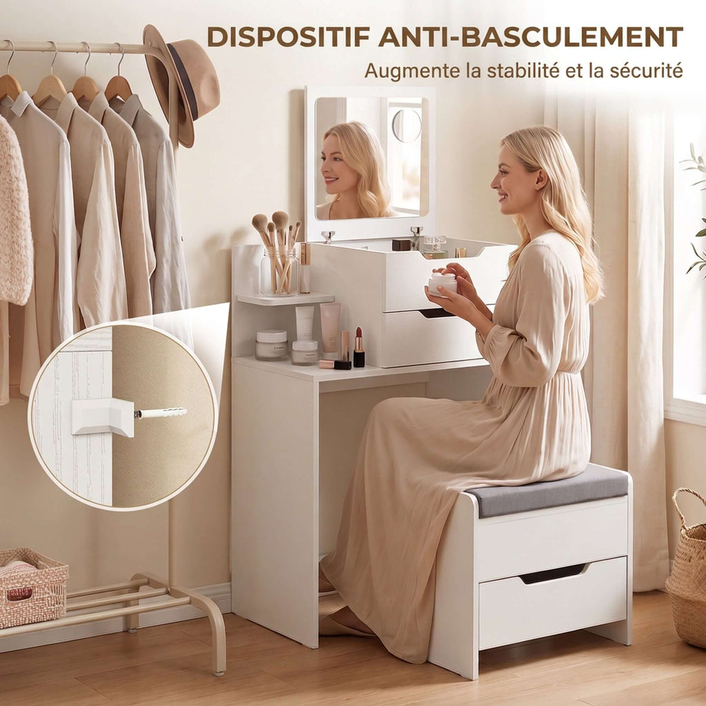 Coiffeuse avec Miroir Rabattable, Tabouret à Roulettes, Siège Rembourré, Tiroir, Étagère, Compartiment, Blanc-6