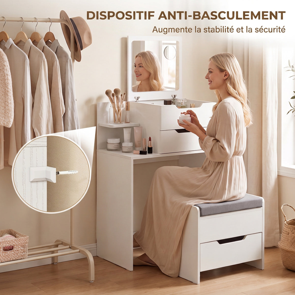 Coiffeuse avec Miroir Rabattable, Tabouret à Roulettes, Siège Rembourré, Tiroir, Étagère, Compartiment, Blanc-6