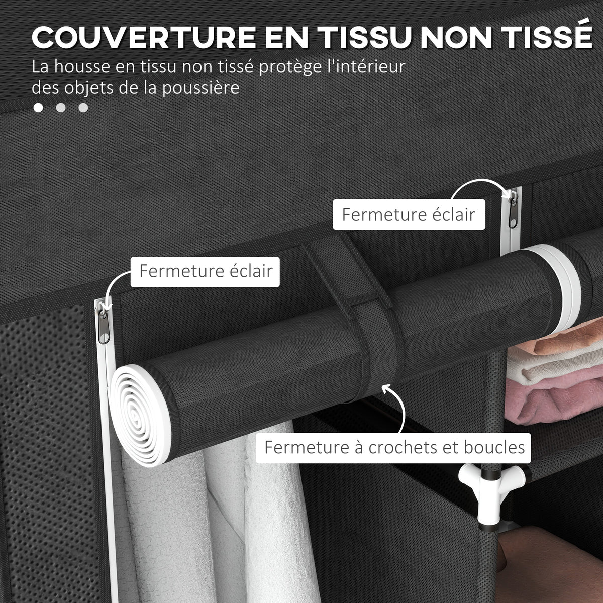 Armoire de rangement en tissu pliable avec 5 étagères, 2 tringles et 3 tiroirs en tissu 125L x 43l x 162.5H cm-4