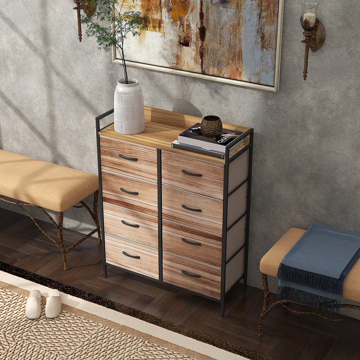 Meuble de Rangement commode 8 tiroirs en tissu amovibles, étagère supérieure et cadre acier 79L x 29l x 101H cm-9