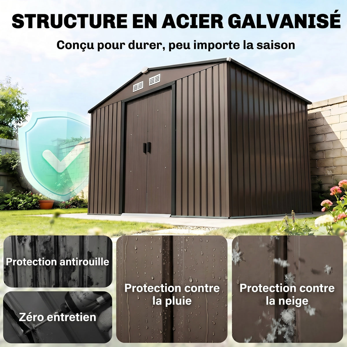 Abri de jardin 5,4 m² 2,77 x 1,95 x 1,92 m kit de fondation porte coulissante ventilations acier galvanisé, marron-3