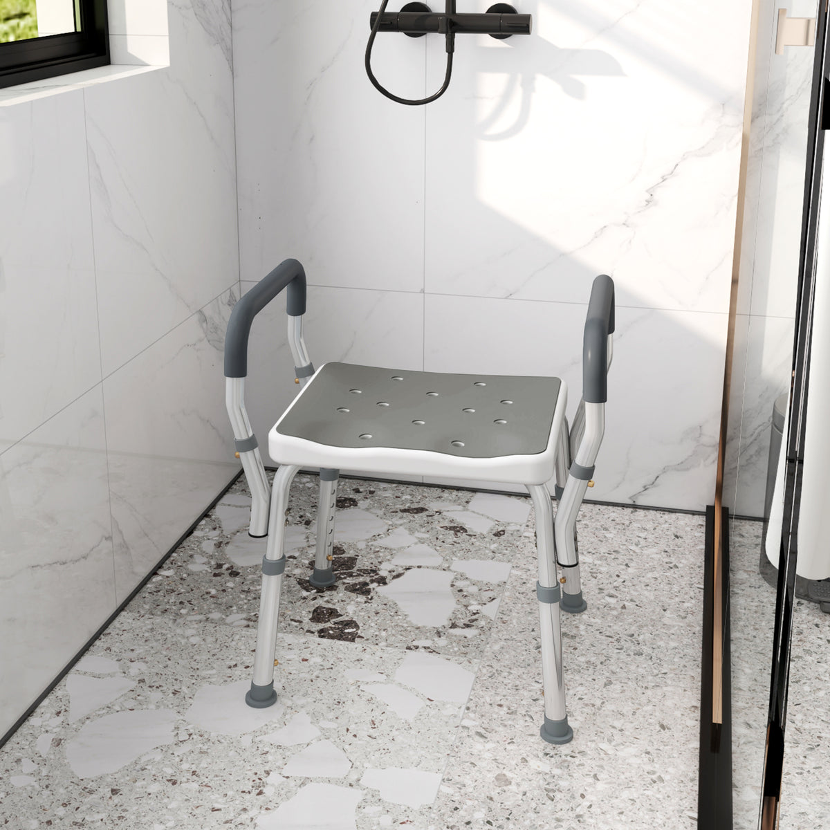 Tabouret de douche pour personnes âgées et handicapées avec accoudoirs, hauteur réglable, patins antidérapants, gris-8