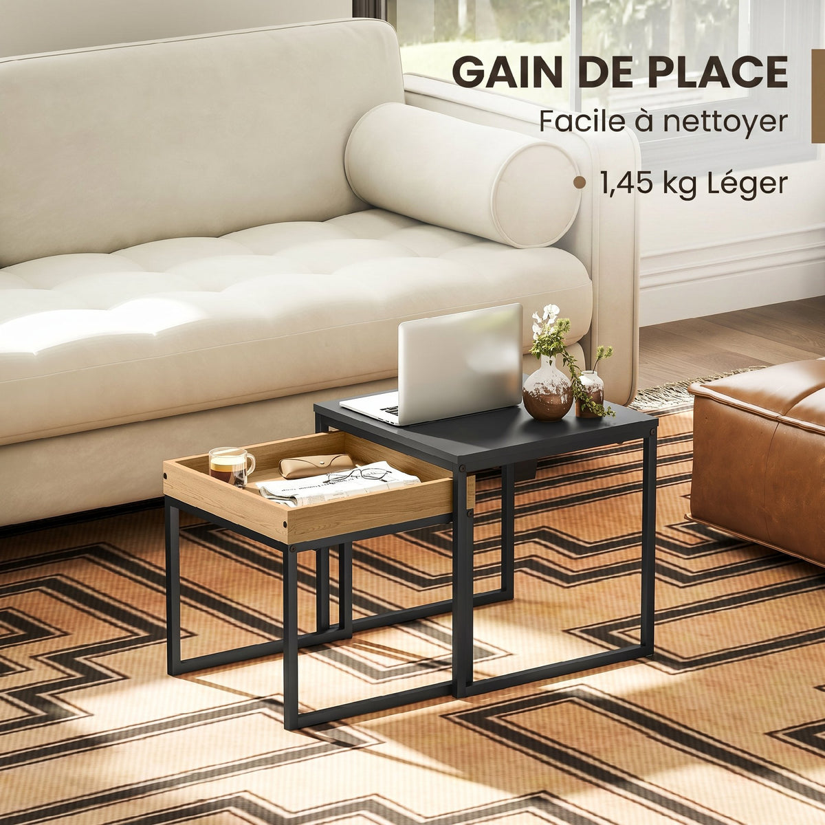 Lot de 2 tables basses gigognes carrées, tables gigognes de salon avec cadre en acier, style moderne, noir-5