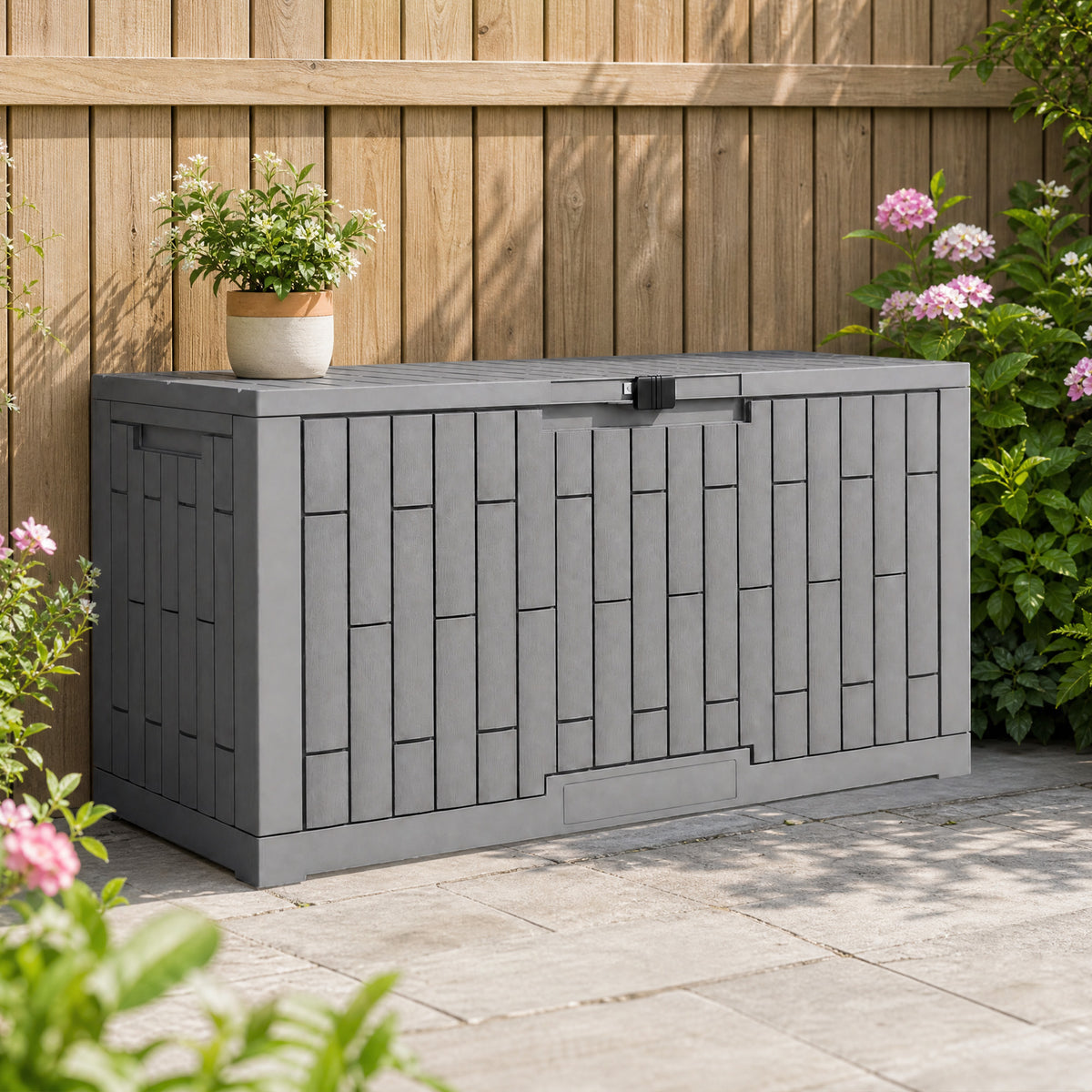 Coffre de Rangement Extérieur 379 L Verrouillable avec Vérin à Gaz, Aspect Bois, 122,5x56x62cm, Gris-1