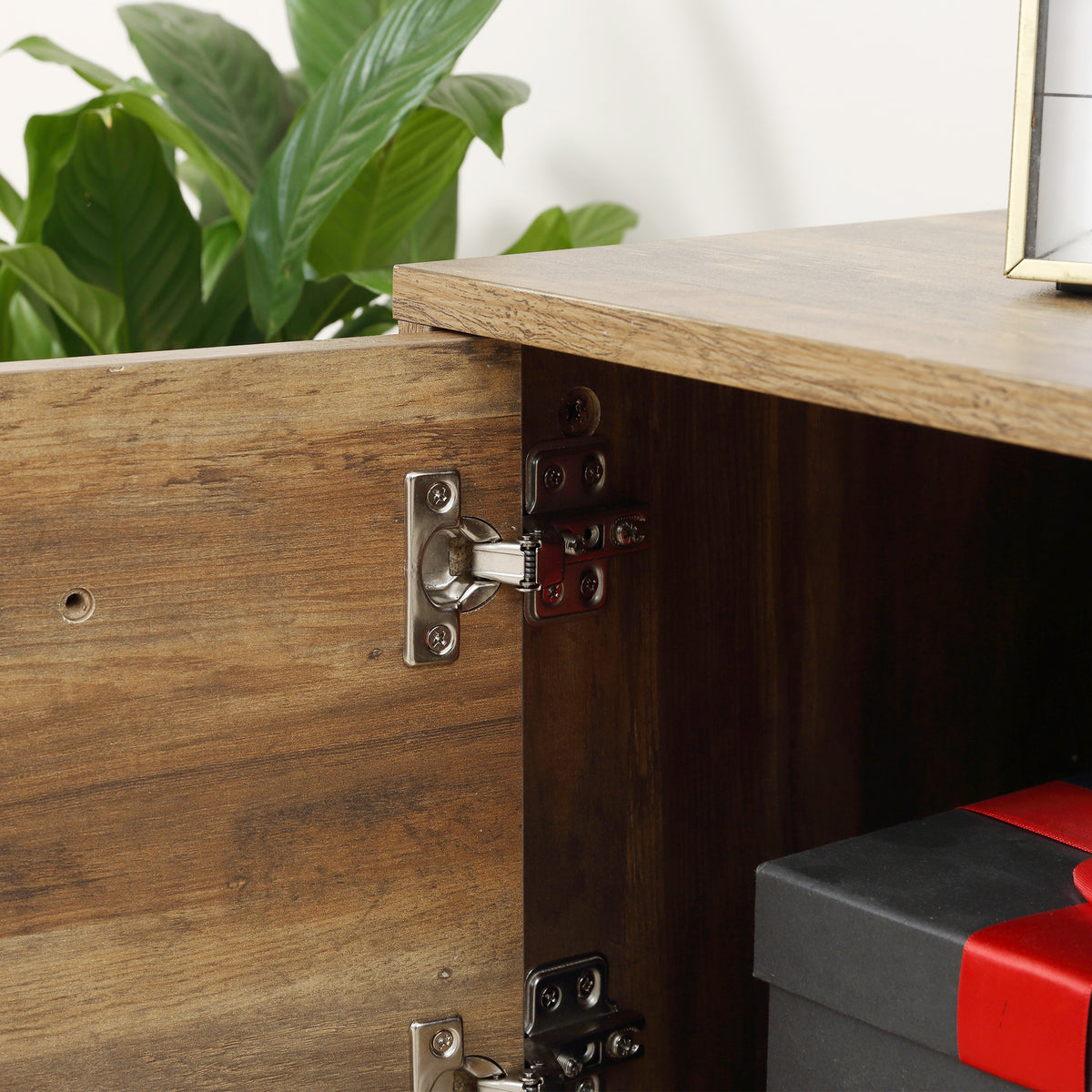 Meuble TV banc TV jusqu'à 50 pouces placard, 2 tiroirs et étagère - 2 passe-câbles - 132 x 39 x 45,5 cm marron noir-8