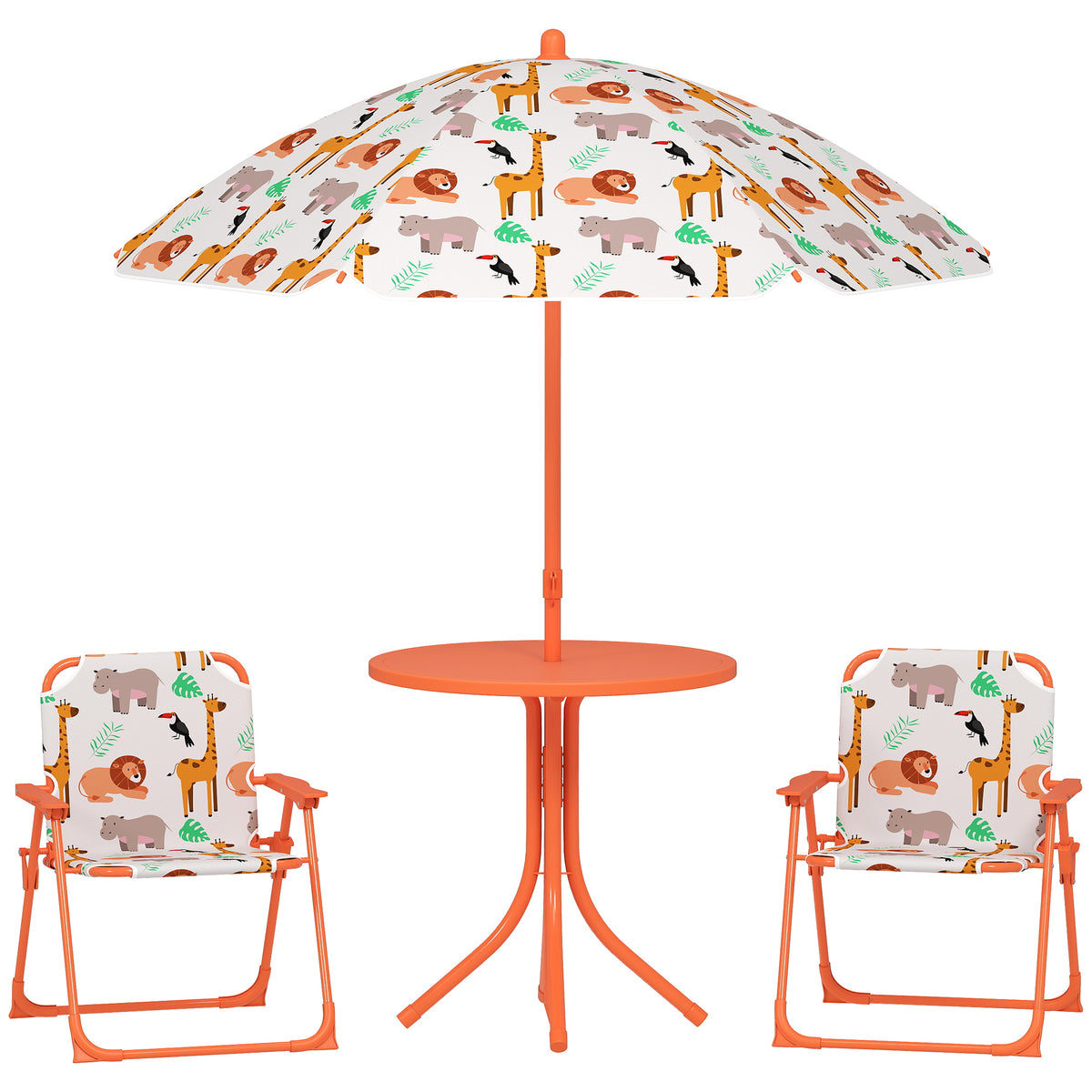 Salon de jardin enfant, table enfant avec 2 chaises pliantes et parasol Ø 100 cm, motif animal, orange-0