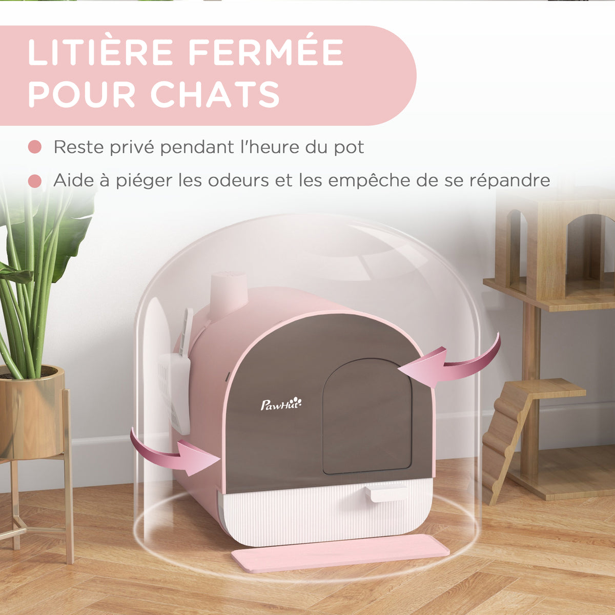 Bac à litière pour chat avec porte battante pelle et filtre inclus dim. 43L x 44l x 47H cm rose-4