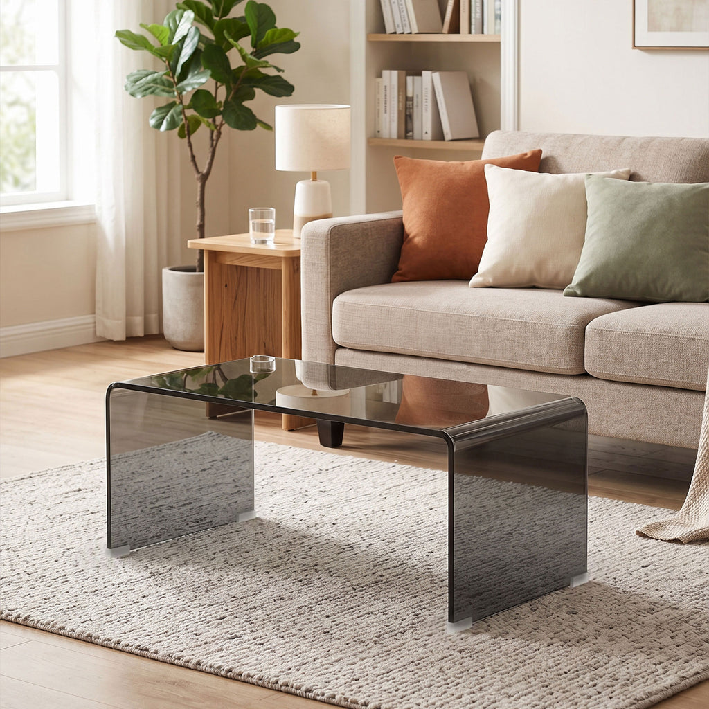 Table Basse en Verre, Table de Salon Rectangulaire Design Moderne avec Bords Arrondis Sûrs, Gris Clair Transparent-1