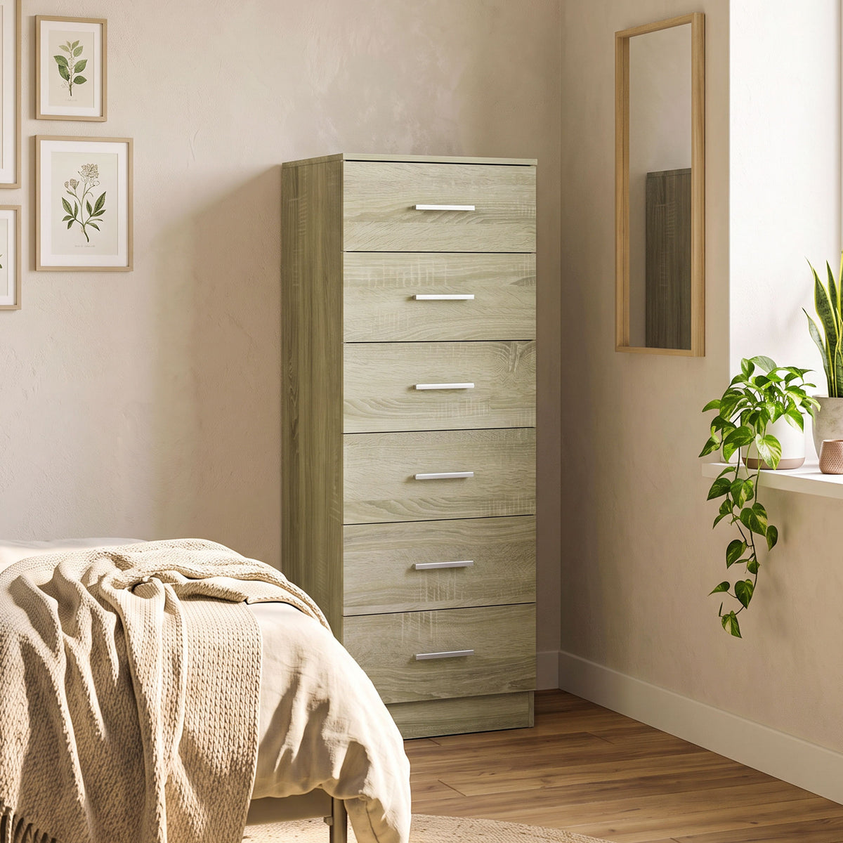 Commode 6 Tiroirs, Meuble de Rangement, Style Moderne, pour Chambre à Coucher, Entrée, Couloir, 40x40x110cm, Chêne-1