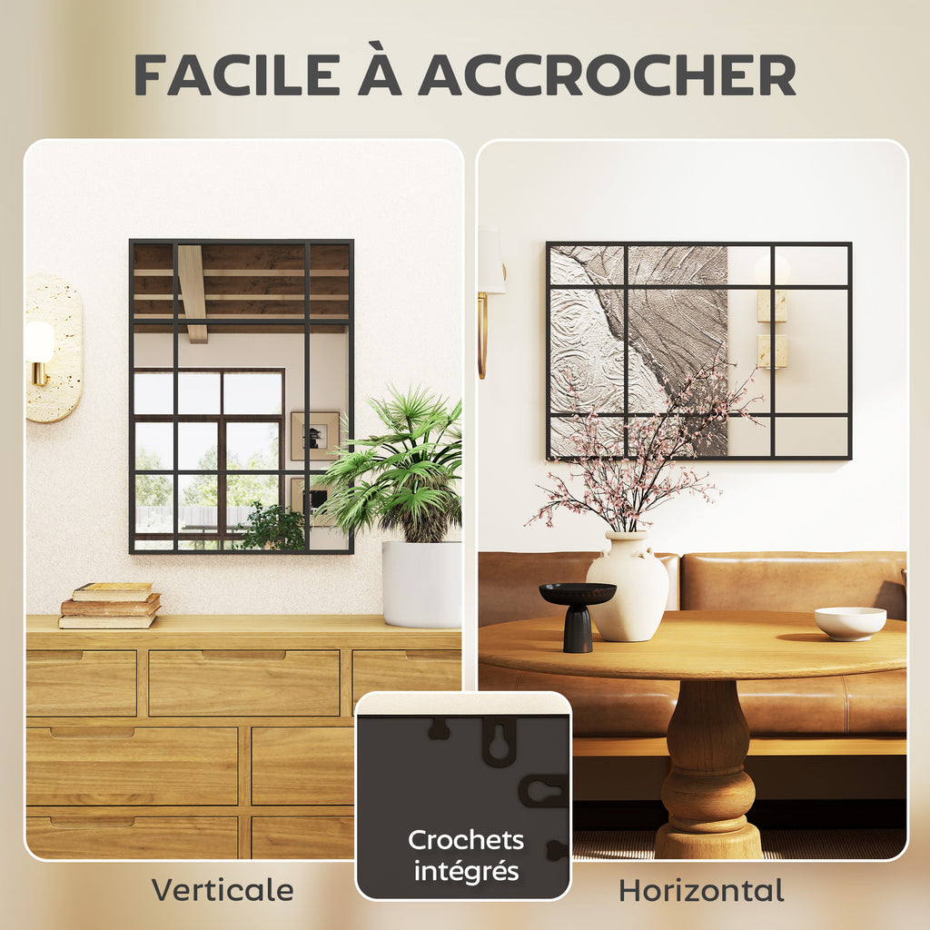 Miroir mural verrière rectangulaire style fenêtre, horizontal ou vertical avec 4 crochets, en métal noir - 50x70 cm-4