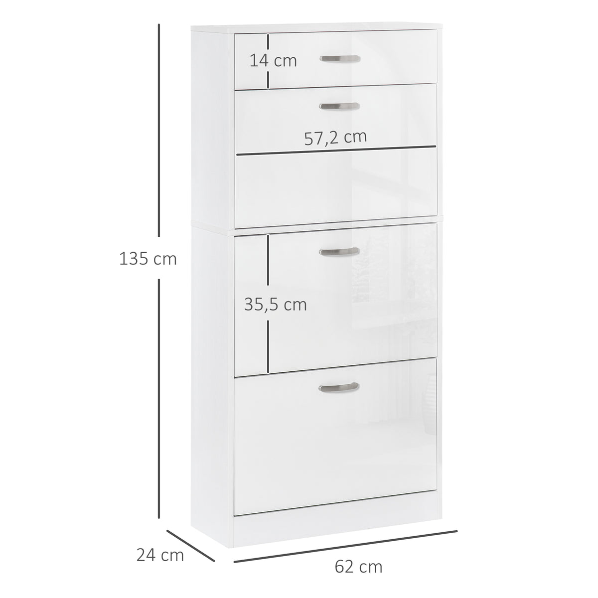 Meuble à Chaussures - 3 Portes abattantes et tiroir Coulissant - dim. 62L x 24l x 135H cm Blanc-2