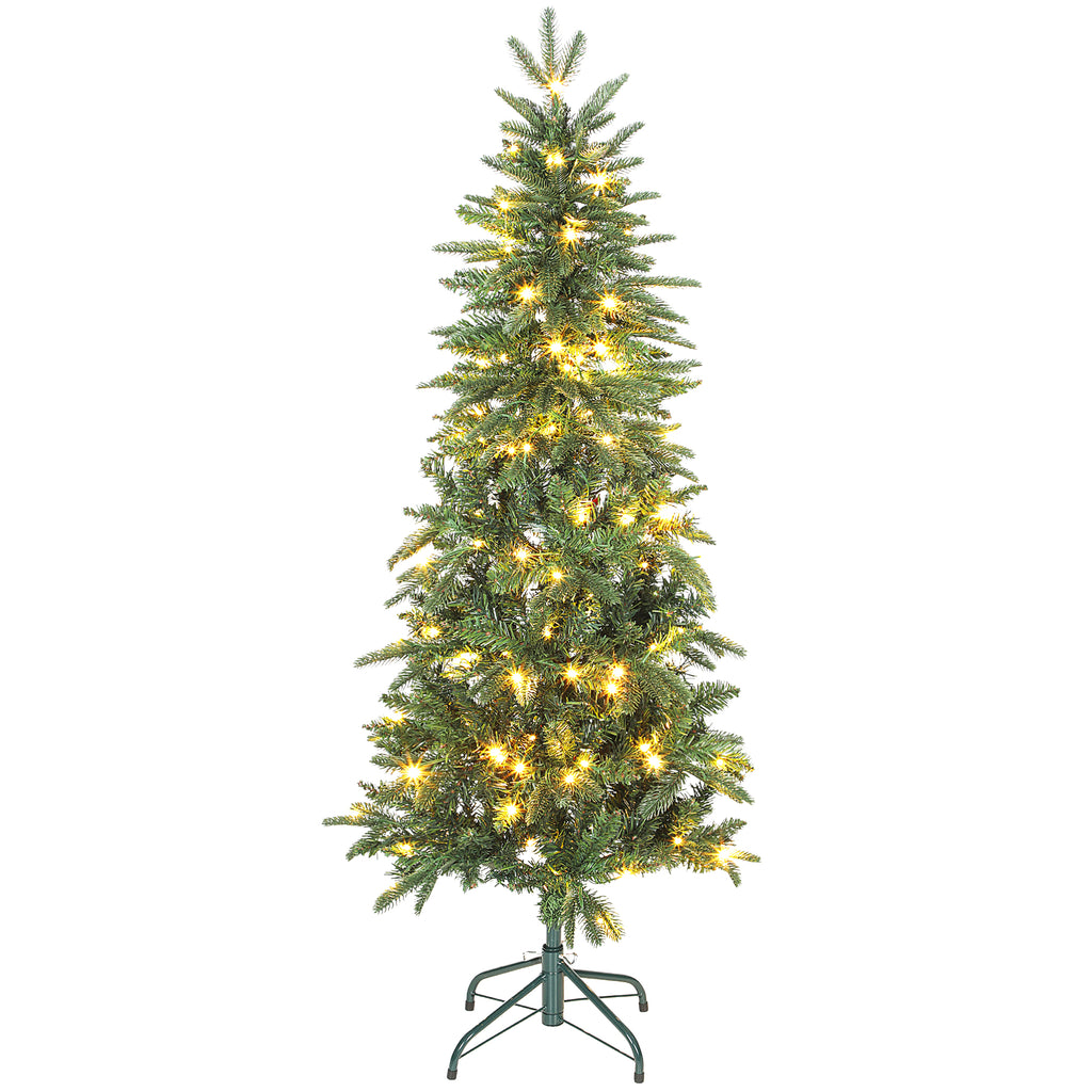 Sapin de Noël artificiel 150 cm, arbre de Noël slim avec 150 lumières 8 modes d'éclairage 431 branches articulées, vert-0
