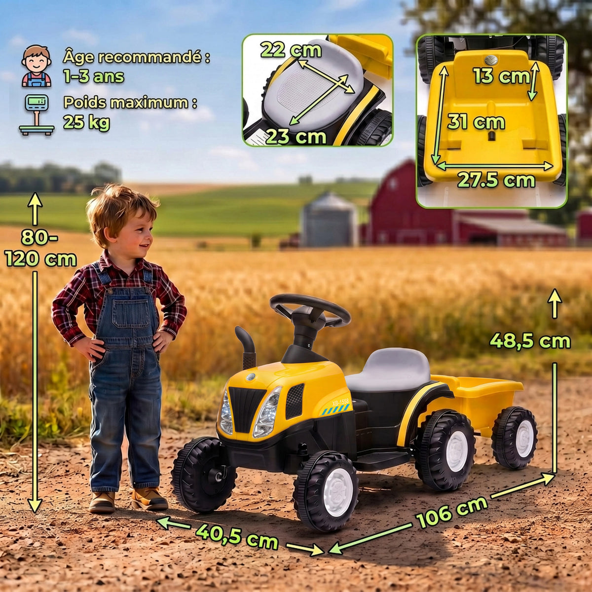 Tracteur Électrique Enfants 6 V avec Remorque Amovible, Voiture Électrique Enfants, Batterie au Lithium, 1-3 ans, Jaune-2