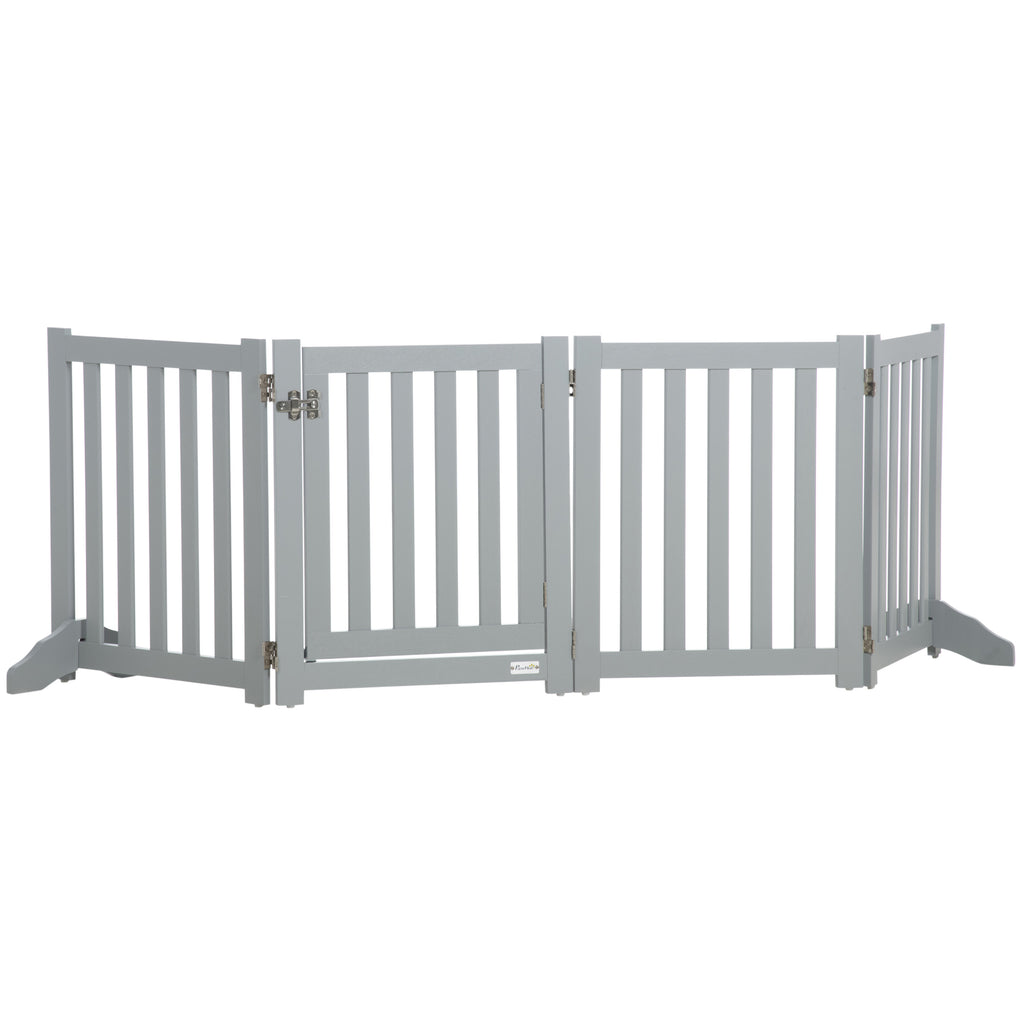 Barrière de Sécurité Chien Pliable Double Face en Bois, 4 Panneaux avec Porte, Pieds de Support, 205 x 60 cm, Gris-0
