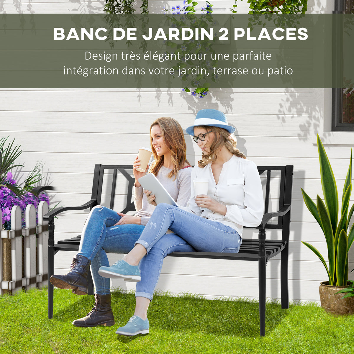 Banc de jardin 2 places banquette extérieur terrasse patio dossier haut assise à lattes accoudoirs-3