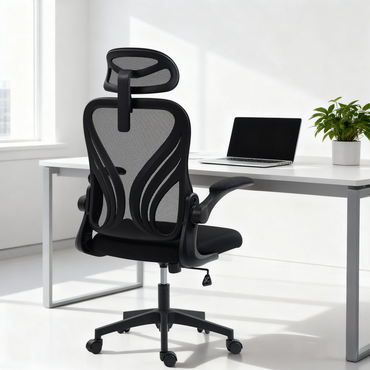 Chaise bureau, fauteuil de bureau en maille, dossier rabattable, appui-tête 2D, accoudoirs relevables, 73x62x136cm, noir-1