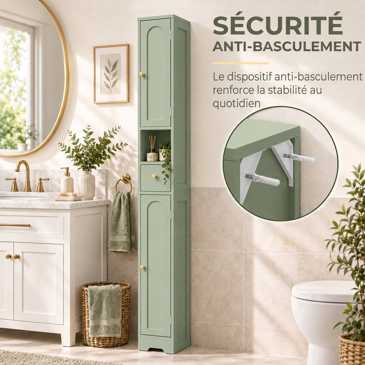 Meuble colonne salle de bain, meuble de rangement, 2 portes, tiroir, compartiment ouvert, étagère réglable, vert-6