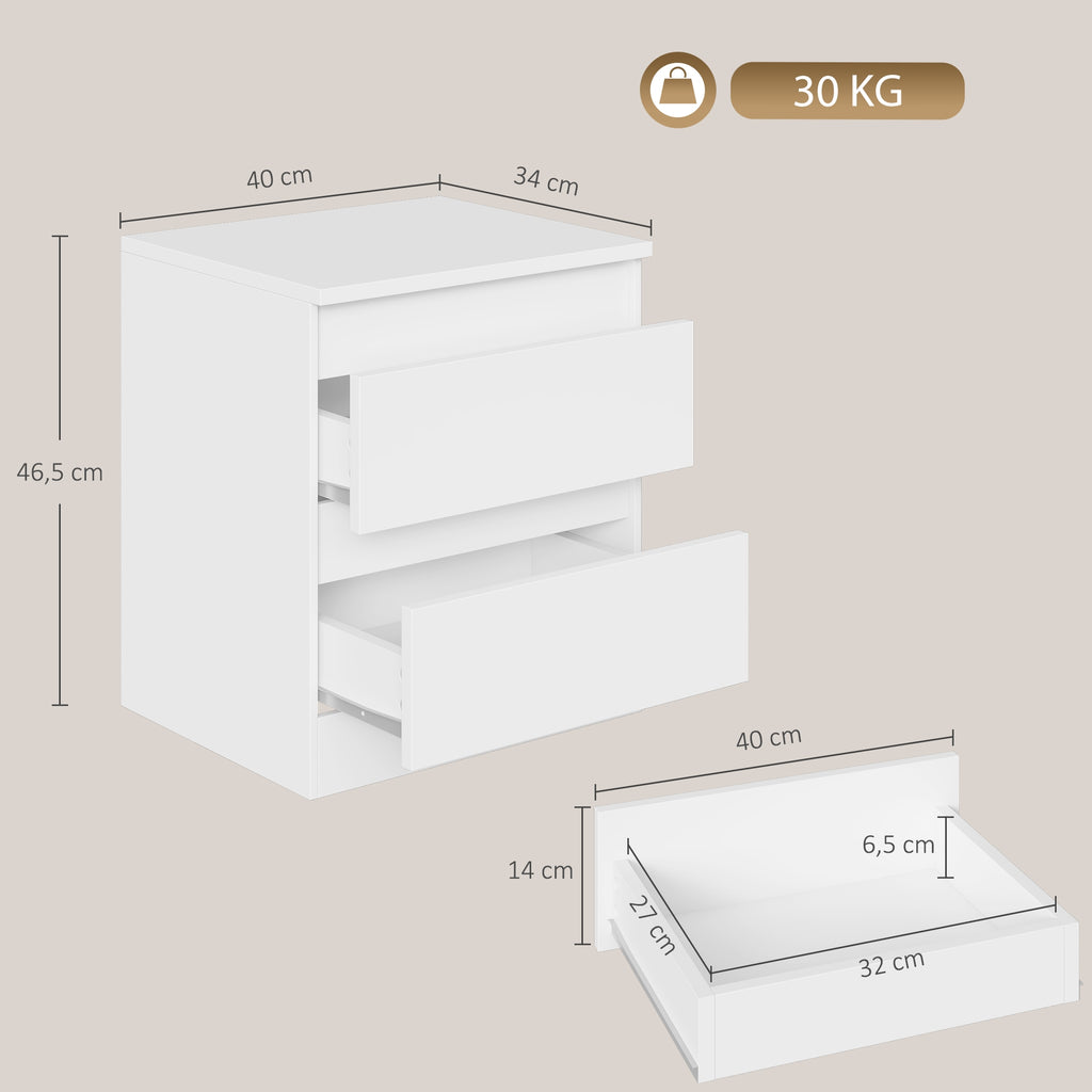 Lot de 2 Tables de Chevet, Tables d'Appoint avec 2 Tiroirs, Style Moderne, pour Chambre, Salon, 40 x 34 x 46,5 cm, Blanc-2