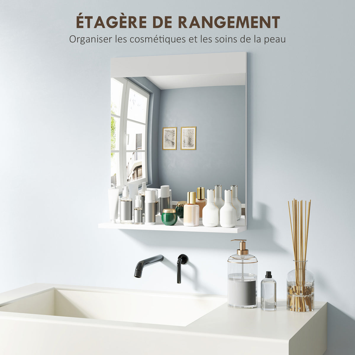 Miroir de salle de bain miroir mural avec étagère de rangement pour salon chambre 50 x 12 x 60 cm blanc-4