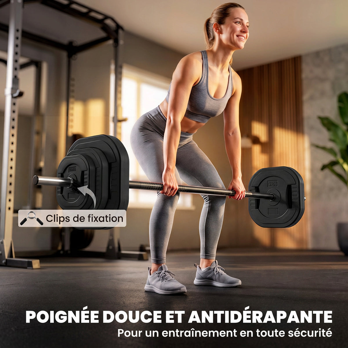 Ensemble d'Haltère 20 kg, Disques Carrés Réglables à Poignées, Barre Antidérapante en Acier 3 Parties, Noir-5