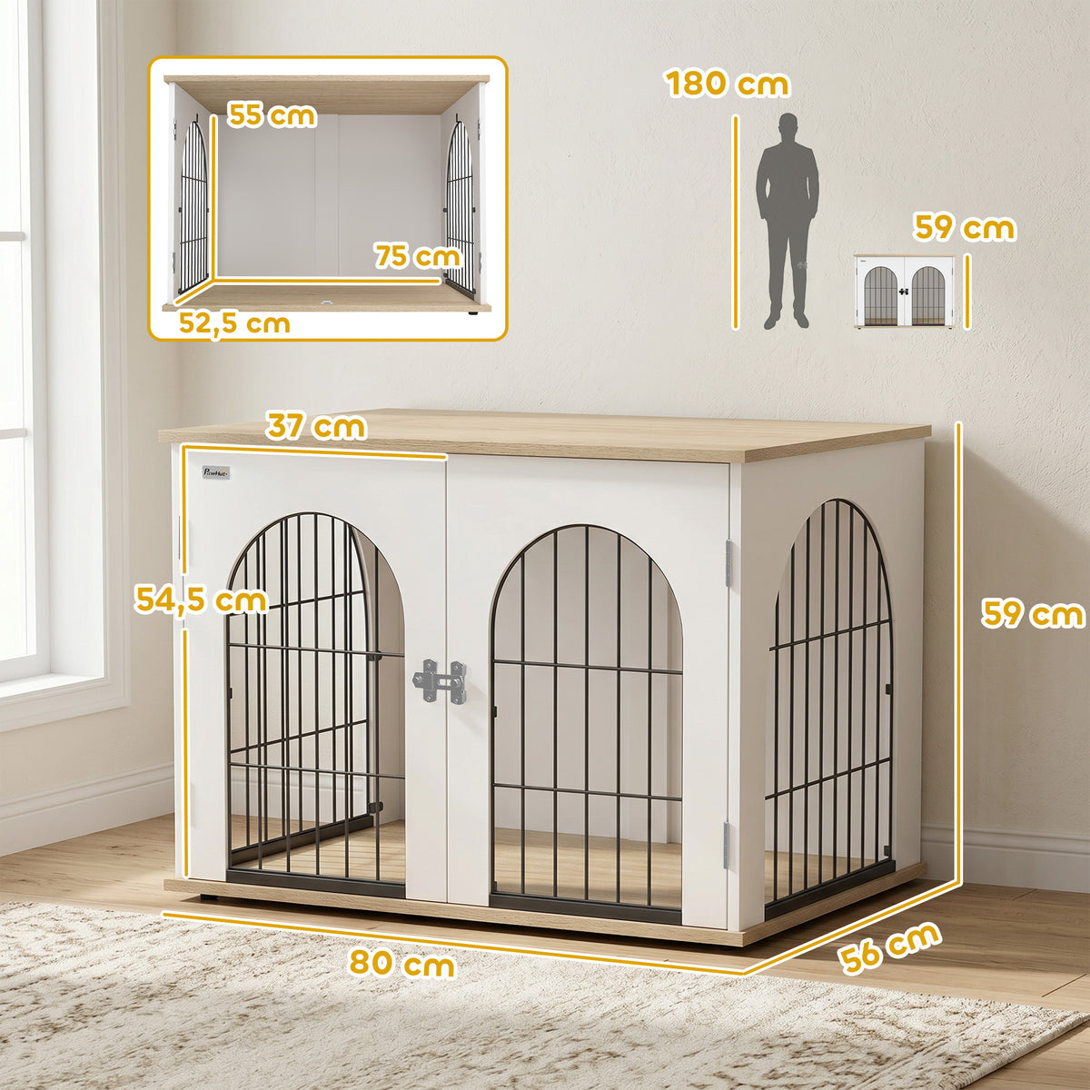 Cage pour Chien Meuble Cage Chien Intérieur Arche avec Double Porte comme Table d'Appoint en Métal 80x56x59cm Blanc-2