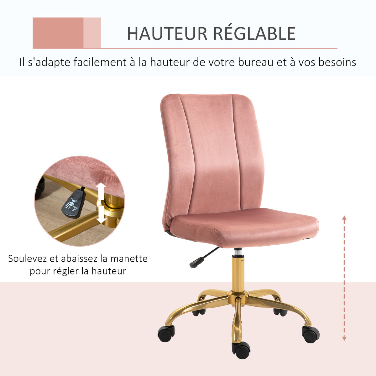 Chaise de bureau fauteuil pivotant 360° ergonomique hauteur réglable revêtement velours  rose et doré-3
