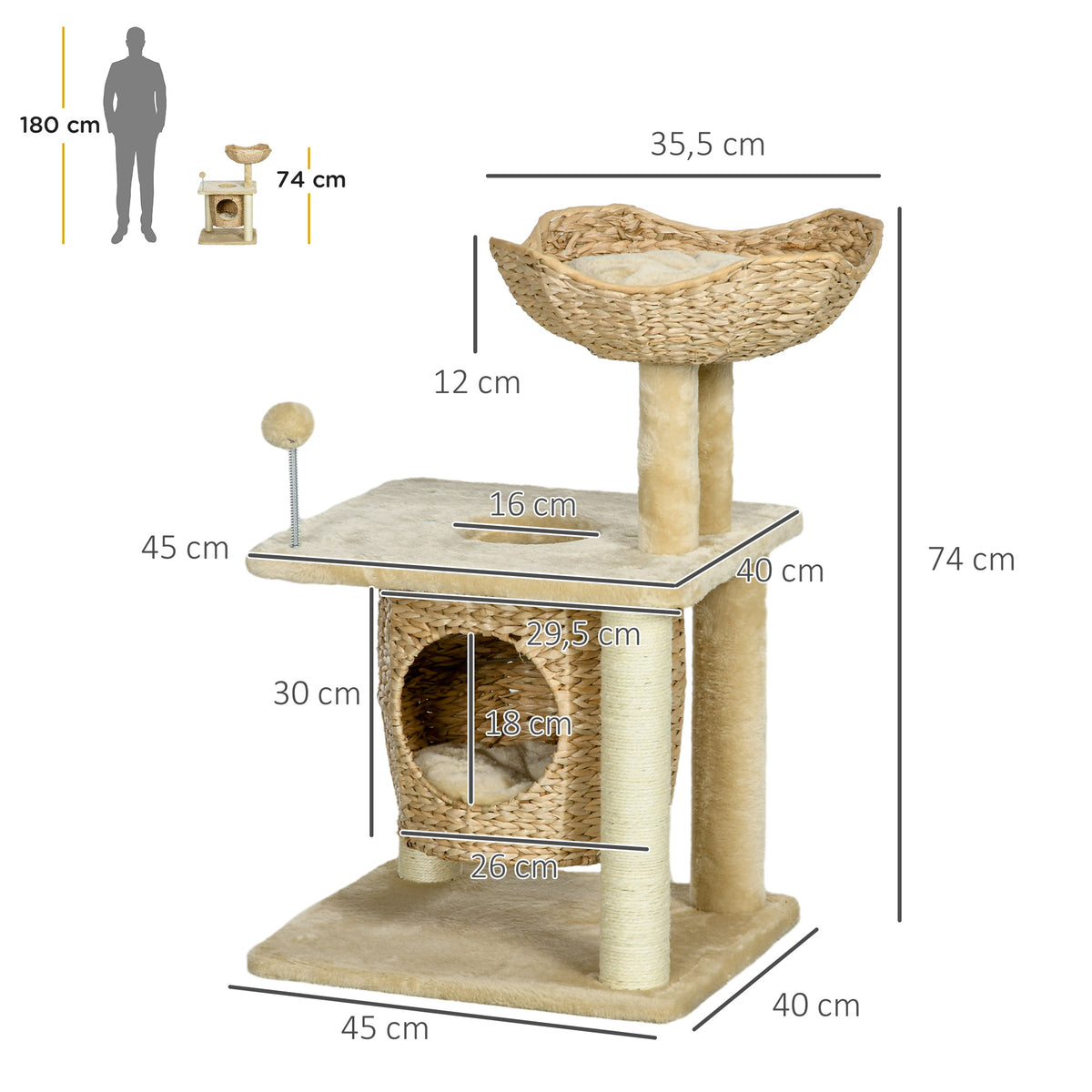 Arbre à chats griffoir sisal naturel 1 niche panier pompon peluche jacinthe d'eau 45 x 40 x 74 cm beige-2